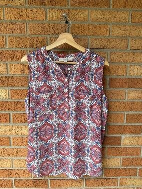 LOFT Pink Medallion/Floral Print Large Sleeveless Split-Neck Blouse 2 Pocket Top